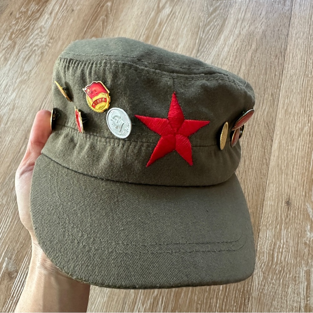 Chinese Army Vintage Olive Green Cap with Red Star and 10 Pins